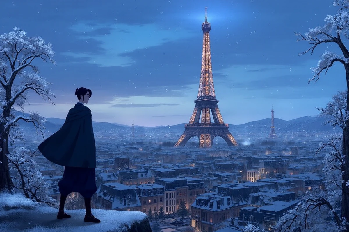 <lora:Blue_Eye_Samurai_Style:0.9> blue eye samurai style, Paris under the snow landscape with the effeil tower, notre dame cathedral, montparnasse tower