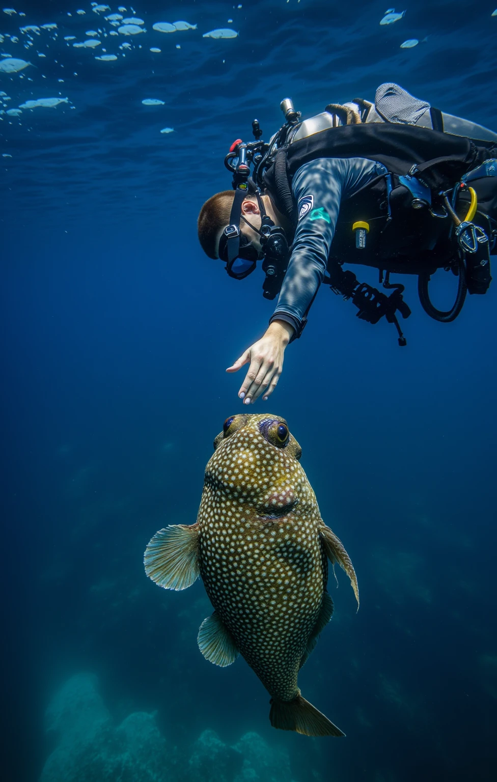 Underwater_Photography,Underwater_Photography,( Exploring underwater depths, a scuba diver reaches out to touch an intriguing marine life:1.6),underwater,film,photo,photography,Undersea,underwater photography,fishs,