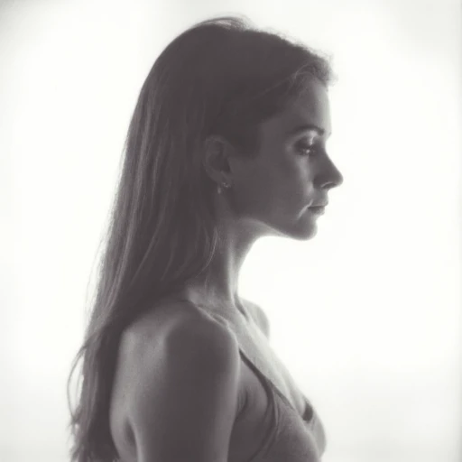 an aesthetic, minimalist depiction of a female male in side view. The focus is on the soft contours and calm, monochromatic tones. The scene feels mystical and dreamy, almost as if viewed through a delicate mist, with gentle light accentuating the silhouette. The background is diffuse and creamy white, drawing attention to the elegant simplicity of the figure.