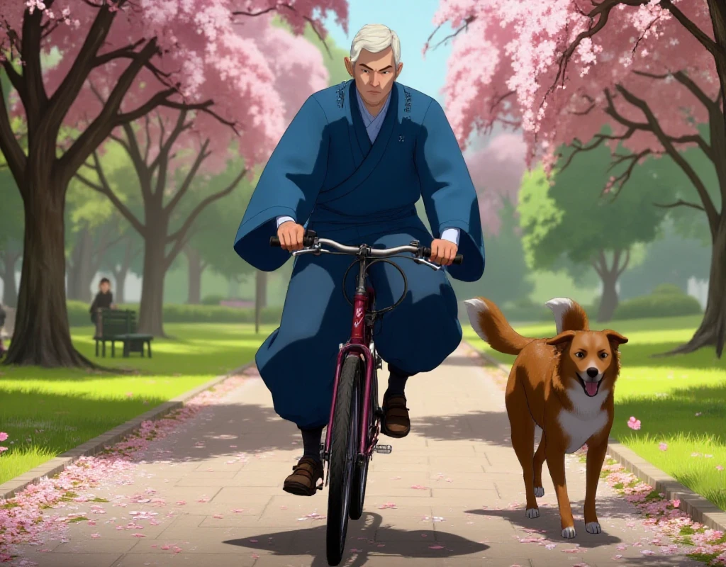 <lora:Blue_Eye_Samurai_Style:0.9> blue eye samurai style, a blond man riding a bicycle in a park. dog, kids, spring, flowers