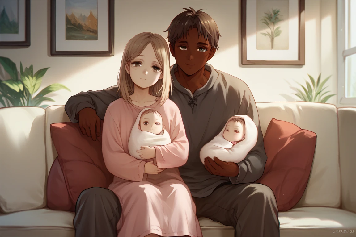 score_9, score_8_up, score_7_up,   couple, duo,
 1boy, brown father,1girl , pale mother,
pale baby, holding baby, 
 living room, couch, cozy,
sitting, looking at viewer,
front view