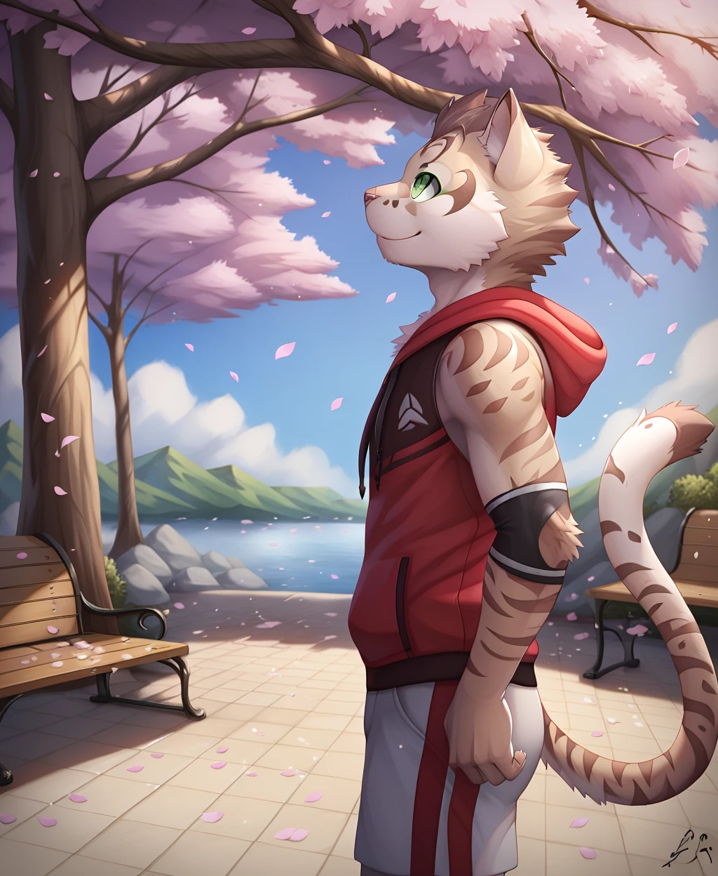 <lora:add-detail-xl:3>, detailed, detailed eyes, detailed fur, male, tail, solo, <lora:Shu-ChiXL:1>, yan shu chi, smile, hoodie, sleeveless, white shorts, bench, cherry blossom, sakura petals, looking up, detailed background, standing, side view,