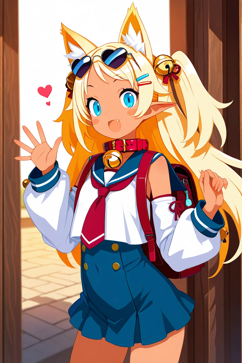 masterpiece, best quality,    Pirilika, 1girl, solo, long hair, looking at viewer, bangs, blue eyes, skirt, blonde hair, shirt, hair ornament, animal ears, detached sleeves, necktie, pointy ears, hairclip, fang, cat ears, dark skin, sailor collar, bag, collar, dark-skinned female, blue skirt, animal ear fluff, bell, blush stickers, sunglasses, backpack, red necktie, jingle bell, eyewear on head, extra ears, neck bell, high-waist skirt, red collar   smile, cowboy shot, :d, waving, heart,     smile, looking at viewer,    ,<lora:HaradaTakehitoIXL_v3:1.2>,