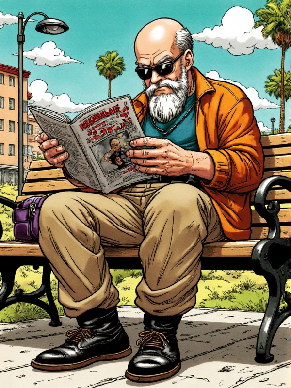 <lora:Akira_Toriyama_Style:0.9> akira toriyama style, an old bald man with facial hair and sunglasses read a magazine sitting on a bench