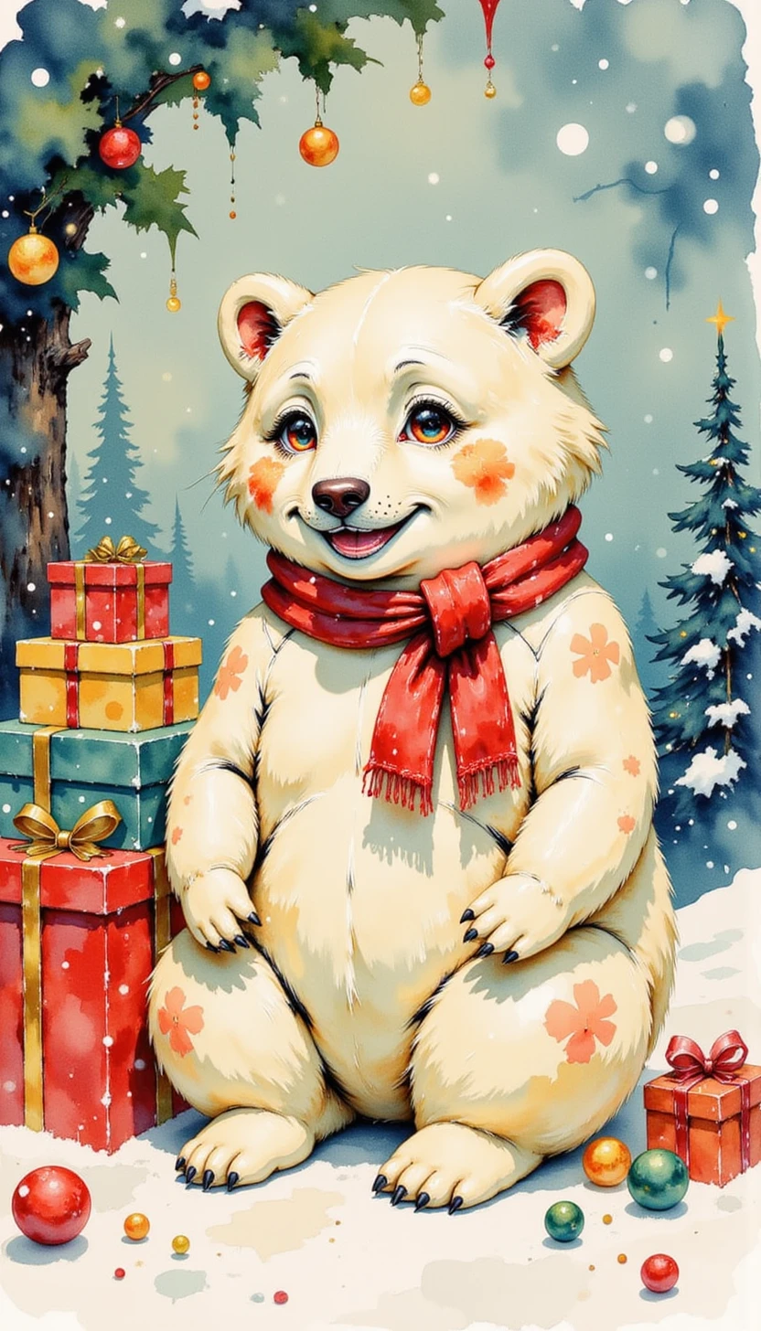 pinkretrochristmaswatercolor, 

A polar bear wearing a red scarf, sitting beside a stack of presents under a snowfall.