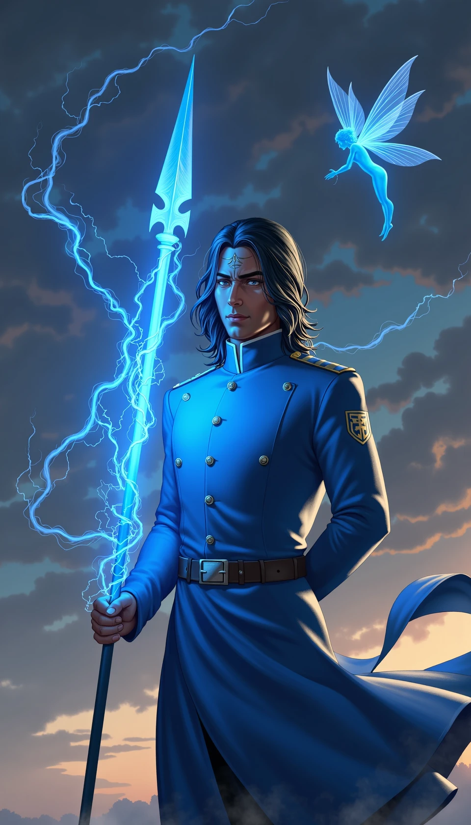 digital fantasy artwork of a man named kalad1n holding an ethereal glowing blue spear. dressed in a blue military uniform standing at attention with hands behind his back. he has a forehead tattoo, long black hair, dark skin. an ethereal blue fairy hovers around him, glowing with blue light. <lora:KaladinFlux-000021:0.5>