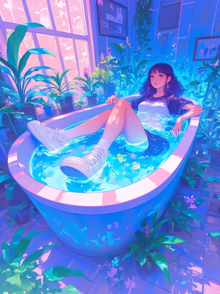 xijie_mihuan,an illustration of a young woman sitting in a bathtub in a tropical-themed room, The bathtub is filled with blue water and is surrounded by lush greenery and plants, The woman is wearing a black tank top, white shorts, and white sneakers, She has long dark hair and is looking off to the side with a peaceful expression on her face, The room has a large window with pink curtains, and there are various plants and flowers scattered around the floor, The overall mood of the image is dreamy and ethereal