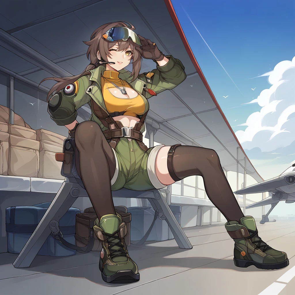 score_9_up, score_8_up, score_7_up, source_anime, 1girl, solo, day, clouds, sky, hangar, garage, military airplane, walking, from side, side profile, adjusting gloves, looking to side, open mouth, focused, mature body, dynamic cowboy shot, Kokona, Fol002, Kon_Tac, low ponytail, brown hair, yellow eyes, tactical clothes, alt goggles, alt goggles on head, crop top, yellow shirt, black gloves, turtleneck shirt, cleavage cutout, brown belt, open clothes, earpiece, dog tags, high-waist shorts, green shorts, jump suit, green jacket, open jacket, long sleeves, green sleeves, black thighhighs, thigh pouch,