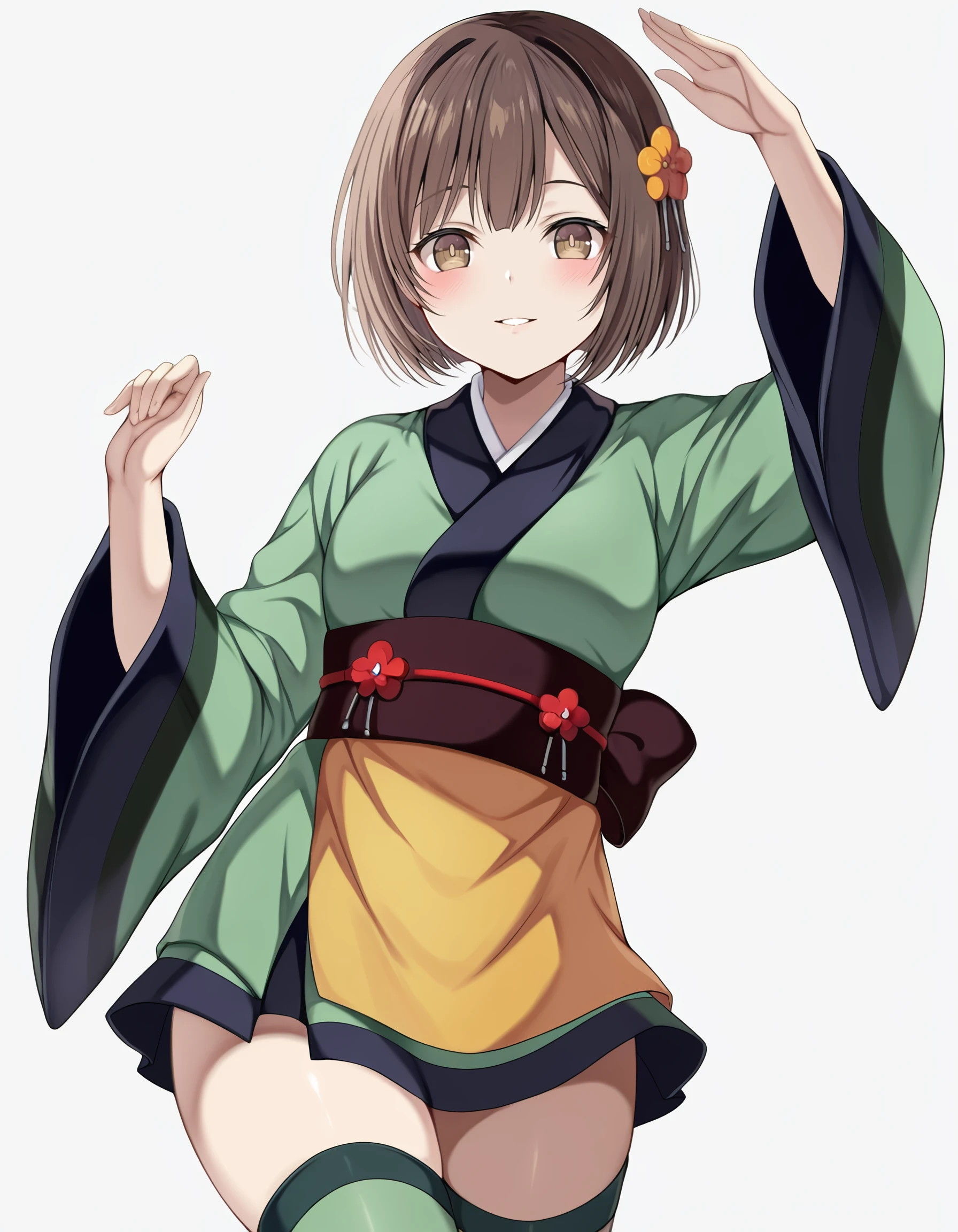 masterpiece, best quality, amazing quality,  <lora:seirei_gensouki_-_ruri_il:1> ruri, short_hair, brown_hair, hair_flower, bob_cut, brown_eyes, japanese_clothes, green_kimono, sash, obi, by_harimoji, black_bow, bow, thighs, looking_at_viewer, parted_lips, green_pupils, hands_up, white_background, thighhighs, hand_up, light_blush, solo, 1girl, zettai_ryouiki, smile, frills, full_body, simple_background, green_thighhighs