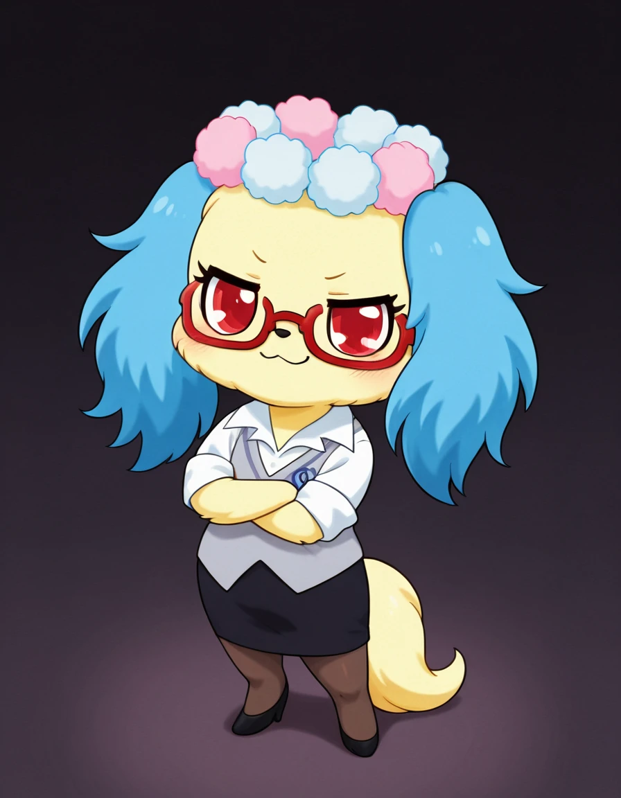 best quality, masterpiece, realistic, furry, no humans, solo, jpsapphie-t, female, chibi, feral, 3 toes, yellow body, yellow face, (blue ears), yellow tail, flower crown, white shirt, grey cardigan, red glasses, black skirt, stockings, pumps, red eyes, looking up, looking at viewer, :3, smug face, smile, standing, arms crossed, black dark background, portrait, from above <lora:jp_TeacherSapphie_Illustrious2:1>