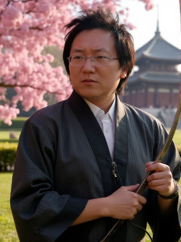 <lora:Hiro:0.9> hiro nakamura, a man with glasses. He's dressed as a samurai and holds a sword. Blooming cherry tree and japanese temple