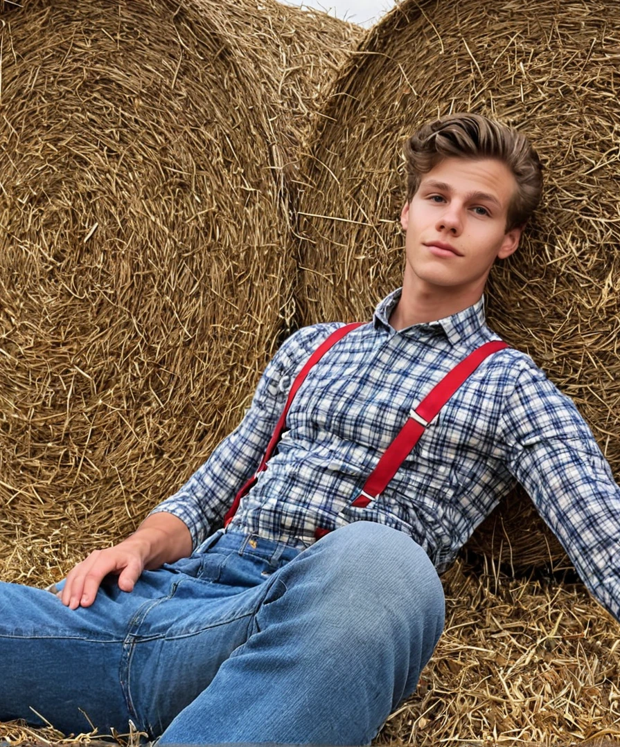 raw photo, face portrait, realistic, (florian, handsome Austrian male model , 19 yo, athletic), plaid shirt with suspenders, blue jeans, sitting on hay ball, in a field, holding pitchwork, daylight, from below, low angle