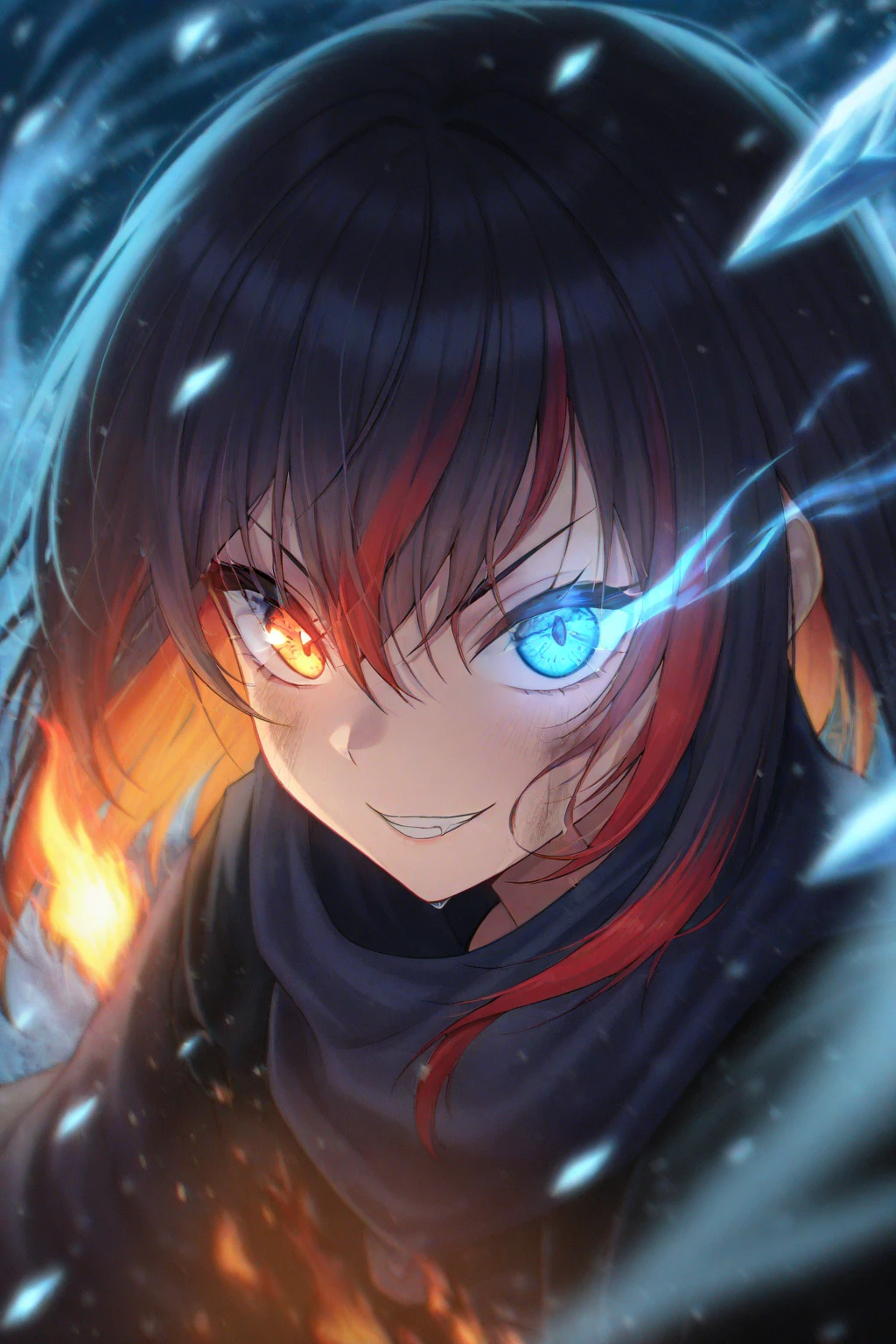 artist:, chromatic aberration, film grain, gritty, 1girl, looking at viewer, solo, flame in left eye, ice in right eye, heterochromia, multicolored hair, detailed, eye focus, epic, blizzard, ice, fire, glowing, action pose, perspective, 
(detailed, masterpiece, best quality, good quality, newest, very awa), absurdres, highres, scenery,