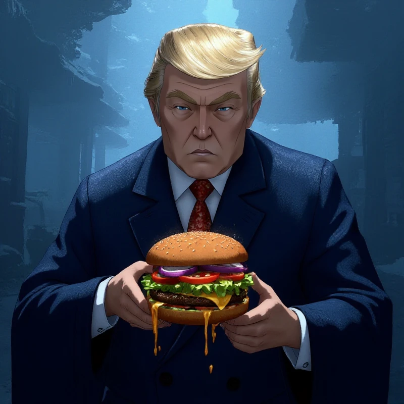 <lora:Blue_Eye_Samurai_Style:0.9> blue eye samurai style, donald trump hold a dripping hamburger