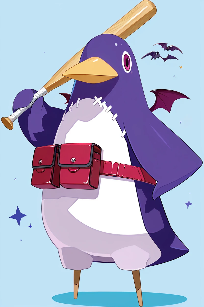 masterpiece, best quality, (curvy),   Prinny, solo, full body, wings, belt, no humans, bird, bat wings, animal focus, penguin, prinny, holding baseball bat, (baseball bat with nails:1),   smile, looking at viewer,    ,<lora:HaradaTakehitoIXL_v3:1.2>,