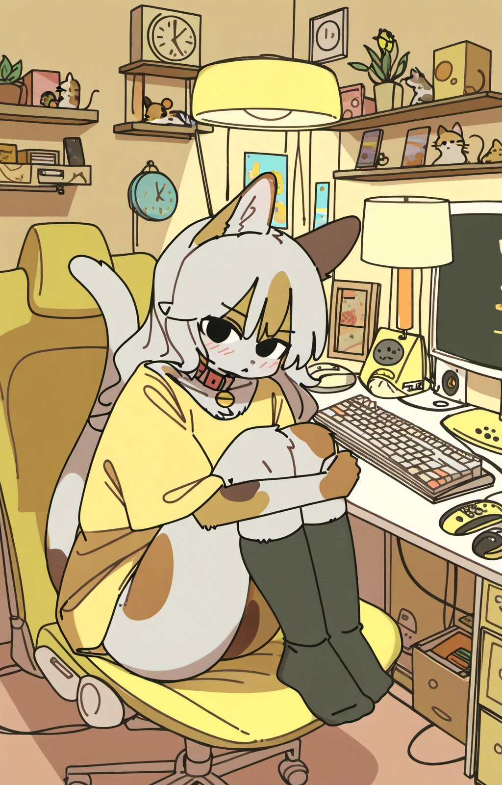 masterpiece, best quality, <lora:doremifaso64_style_ill_v1:1> doremifaso64, 1girl, solo, long hair, looking at viewer, blush, shirt, animal ears, sitting, tail, grey hair, short sleeves, socks, indoors, cat ears, black eyes, collar, cat tail, book, phone, chair, black socks, cat, cat girl, plant, furry, box, knees up, yellow shirt, furry female, clock, lamp, hugging own legs, computer, monitor, shelf, swivel chair, keyboard \(computer\), mouse \(computer\), drawer