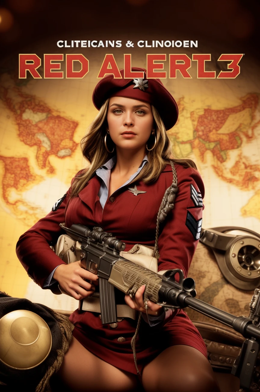 cinematic still , (red alert 3 game),  best quality, (realistic), intricate,      <lora:gAtkinsonRedAlertQuiron_v03i03e20t05_Lora:0.87> gatkinsonredalertQuiron, makeup, 1girl holding machinegun,  wearing an air force military style dress with buttons, earrings, jewelry, solo, long blonde hair, blue eyes, . emotional, harmonious, vignette, highly detailed, high budget, bokeh, cinemascope, moody, epic, gorgeous, film grain, grainy