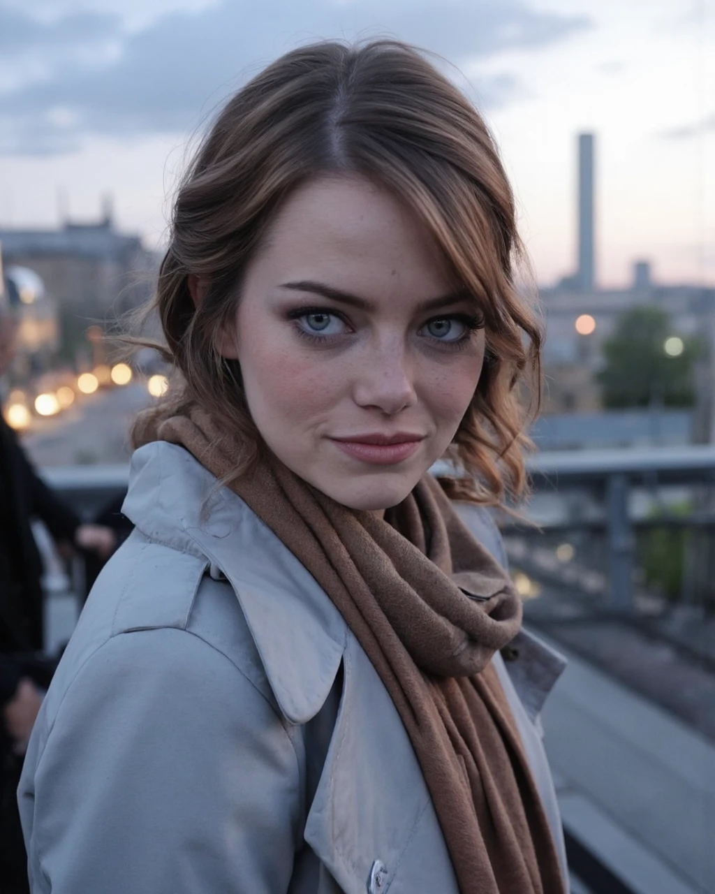 A close-up, high-resolution image of emma_stone standing outdoors, possibly on a bridge or elevated walkway, at dusk. She has light brown hair that is slightly tousled by the wind, and her eyes are a striking blue, accentuated by dark eyeliner and mascara. Her complexion is fair, and she has a few freckles on her nose. She is wearing a light gray coat, with a beige scarf wrapped around her neck. The scarf has a subtle pattern and appears to be made of soft, warm fabric. In the background, there is a blurred view of a cityscape with buildings and a road, illuminated by the soft, warm light of the setting sun. The sky is a gradient of soft blues and pinks, indicating a serene and calm atmosphere. The overall mood of the image is contemplative and slightly introspective, with the 's direct gaze and slightly parted lips suggesting a moment of quiet reflection.  the textures of her coat and scarf, as well as the smoothness of her skin, enhancing the realism and depth of the image.