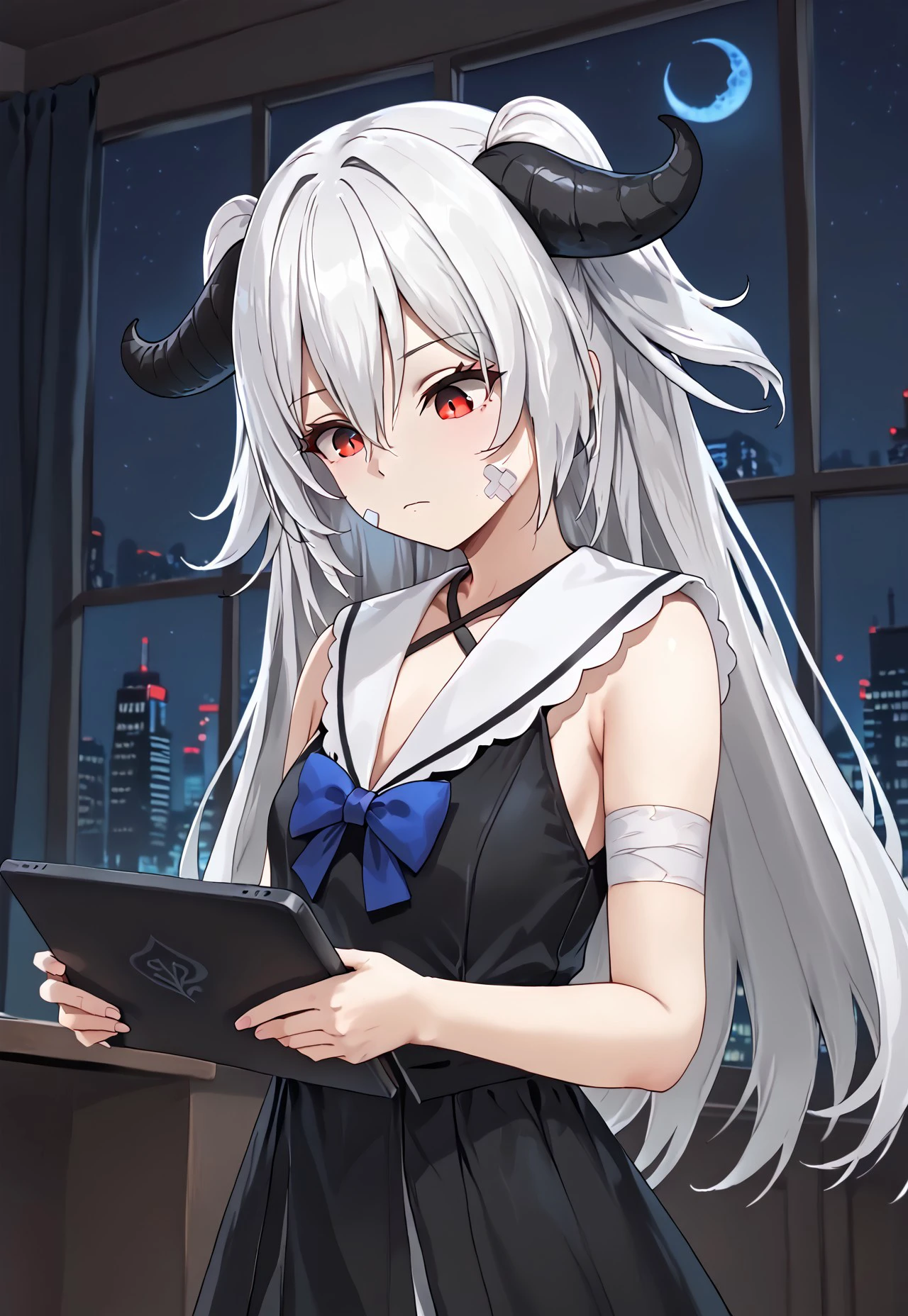 1girl, solo, solo focus, highres, absurdres, PhaseAiko, demon horns, bangs, long hair, hair between eyes, red eyes, two side up, white hair, curled horns, bandage on face, bandaid on cheek,

black dress, white sailor collar, blue bow, sleeveless shirt, criss-cross halter,

holding tablet pc, looking down, closed mouth, from side,

office, window, cityscape, neon lights, dark, very dark, night, night sky, backlighting, silhouette,