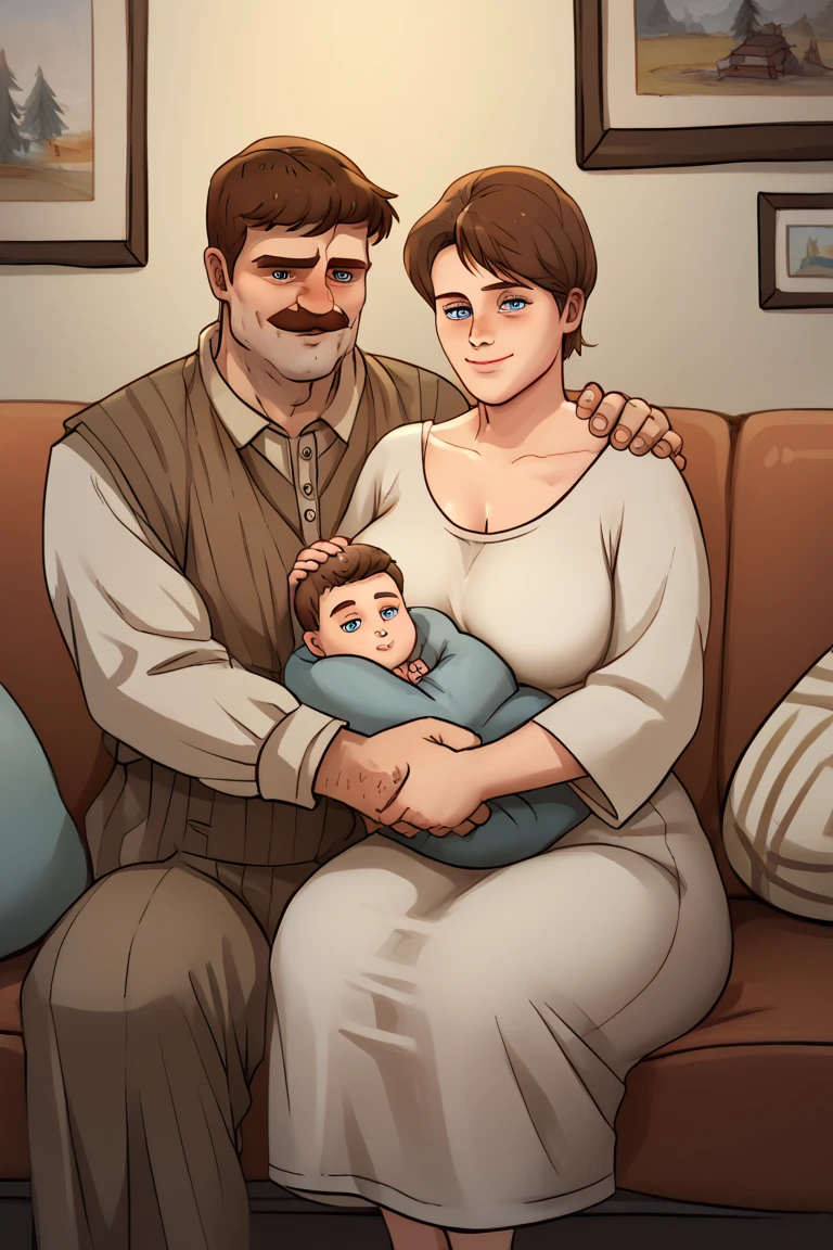 score_9, score_8_up, score_7_up,   couple, duo, 
1boy,big mature dilf hairy male,brown mustache pale father, pale mother,  

WHTJack ,1girl, short hair,brown hair,blue eyes,
 
 ,  holding baby, 
 
 living room, couch, cozy,
sitting, looking at viewer,
front view