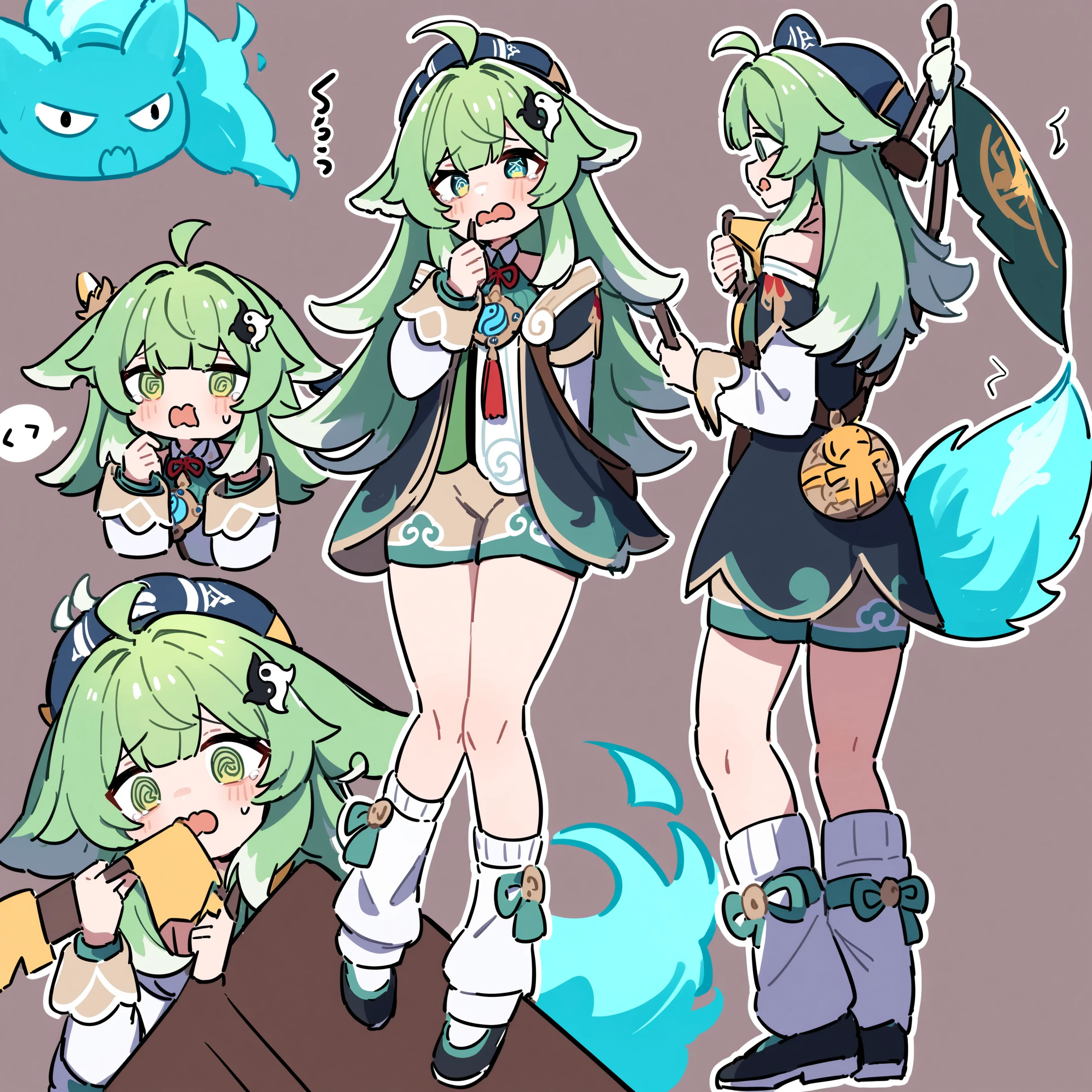 masterpiece,best quality,very aesthetic,absurdres,paw-shaped_pupils,
1girl,@_@,absurdres,ahoge,animal_ears,black_footwear,blue_fire,commentary,eating,fiery_tail,fire,flag,fox_girl,ghost_tail,green_eyes,green_flag,green_hair,highres,holding,holding_flag,honkai:_star_rail,honkai_(series),huohuo_(honkai:_star_rail),leg_warmers,long_hair,long_sleeves,looking_at_viewer,multiple_views,nage_(sacosui_ng),open_mouth,paw-shaped_pupils,scared,shorts,socks,tail,white_leg_warmers,white_socks,
<lora:HuoHuo1.1-000045>,