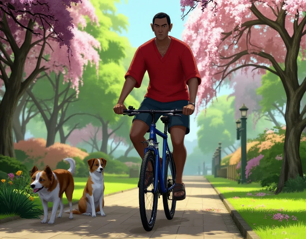 <lora:Blue_Eye_Samurai_Style:0.9> blue eye samurai style, a long dark man riding a bicycle in a park. He wears shorts and a red tishirt. dog, kids, spring, flowers