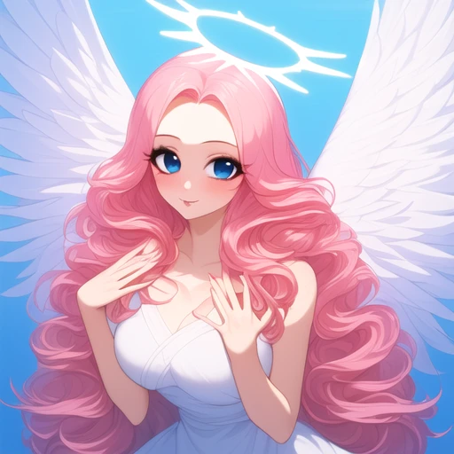 eyelashes, halo, pink hair, eyeliner, blue eyes, fingernails, wavy hair, angel girl