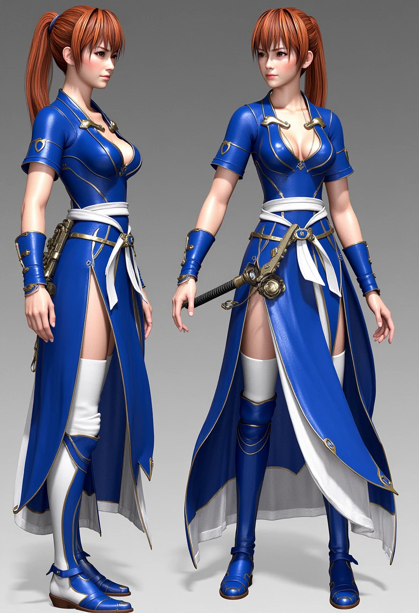 A detailed solo portrait.
CG, sharp, high contrast and highly detailed.,
<lora:doa6_kasumi_v1_1-000004:1> kasumi_doa6,,
She is wearing a traditional yet stylized ninja attire with an elegant and feminine design. Here are the key details:
Material and Colors:
The primary color of the outfit is royal blue, complemented by white and silver accents, creating a clean and striking aesthetic.
The material appears lightweight, suitable for movement and agility, reflecting the character's ninja heritage.
Design Features:
The top has short sleeves with a plunging neckline, emphasizing a more traditional and ceremonial ninja look with a modern twist.
A wide, white sash is tied around the waist, forming an obi-like structure, giving the outfit a classic Japanese aesthetic.
The skirt is designed in a layered, open style with side slits, revealing the upper thighs. This design emphasizes mobility and agility.
Accessories:
Arm guards or wristbands are visible, matching the blue and white theme, providing both style and utility.
A katana with an elaborate sheath is secured to the sash at the waist, further emphasizing her identity as a skilled ninja.
Legwear and Footwear:
The character wears white stockings that reach above the thighs, creating a contrast against the royal blue of the outfit.
The footwear consists of blue, knee-high boots with a metallic sheen and a split-toe design, blending traditional Japanese footwear elements with modern practicality.
Hair and Overall Style:
The character has reddish-brown hair tied in a traditional Japanese style, complementing the outfit's cultural inspiration.
The ribbon accents on the katana sheath add a sense of ceremony and elegance to the overall look.
This outfit blends traditional ninja elements with a modern, graceful aesthetic, showcasing a balance of elegance, practicality, and cultural homage.