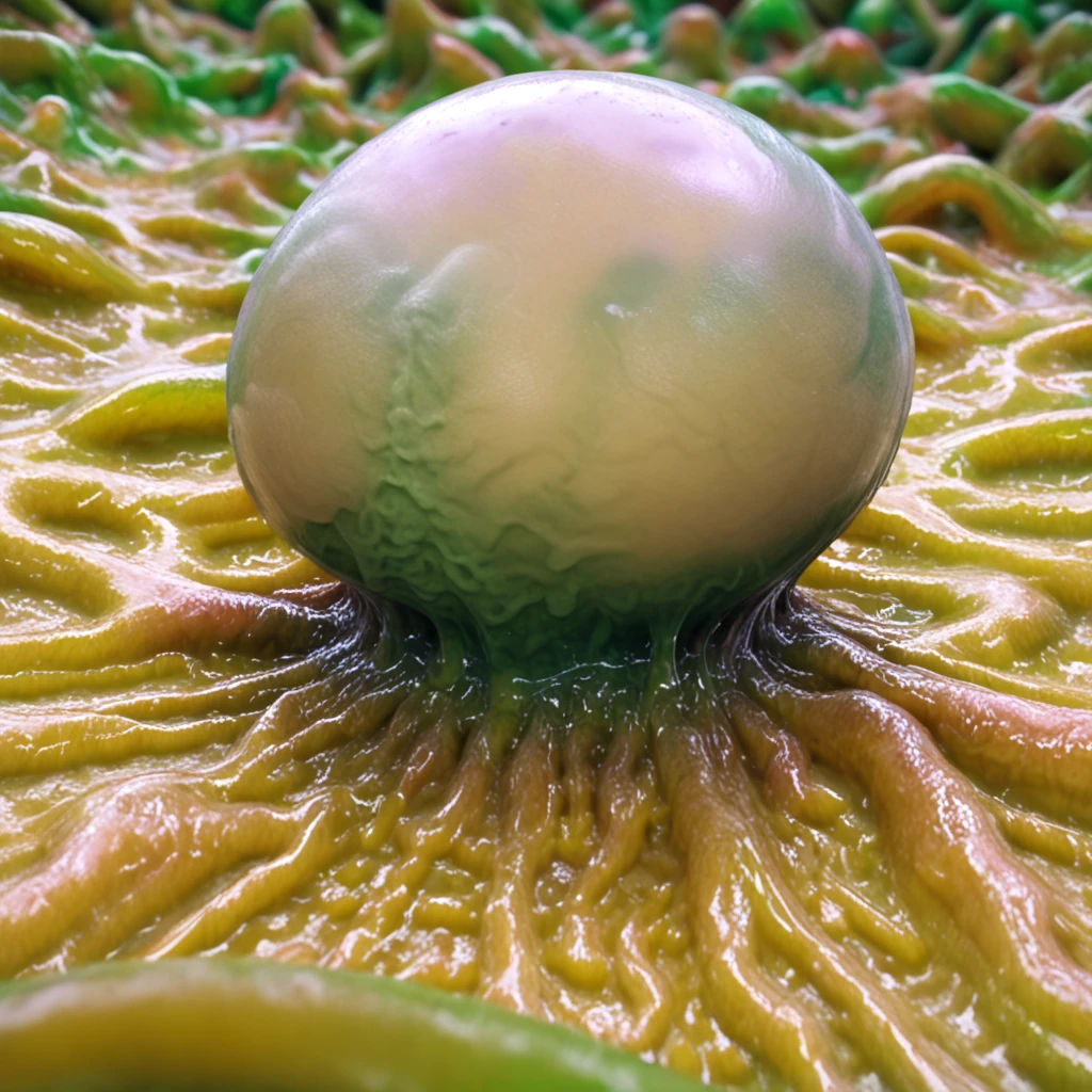 <lora:HNNM_IL_v3:0.5>, A hyper-realistic depiction of an alien egg covered in slime-like snot mucus, set in a dimly lit, eerie environment. The egg has a translucent, growing gelatinous surface with visible pulsating veiny veins inside