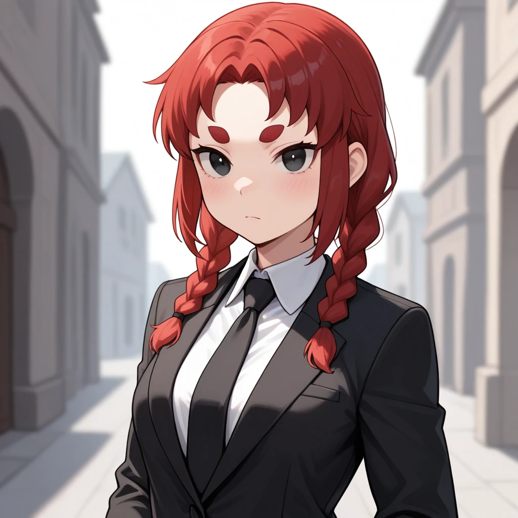 masterpiece, best quality, ShibaEyebrows, 1girl, solo, red hair, black eyes, twin braids, white shirt, black suit, necktie,   <lora:Shiba_Eyebrow_illustrious_Leaf1:1>, depth of field,