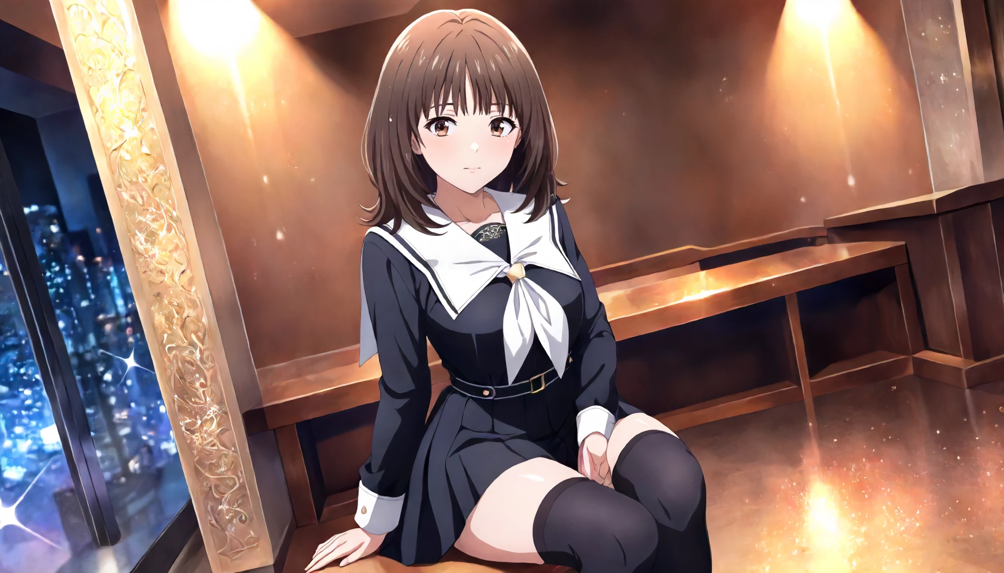 <lora:Is_IoriYoshizukiXLIllustrious001>,
masterpiece,best quality,good quality,newest,
detailed background,indoors,glitter,
looking at viewer,
solo,
IoriYoshizuki,1girl,brown hair,medium hair,brown eyes,
white sailor collar,black dress,white neckerchief,
pleated dress,
black thighhighs,
sitting,