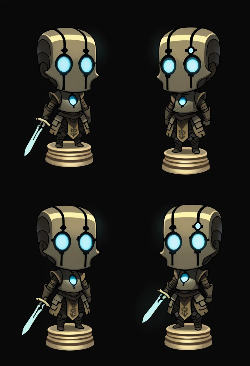 nox_wakfu, chibi, multiple views, statuette, 3d render, holding sword, armor, glowing, blue eyes, black background, helmet, 1man