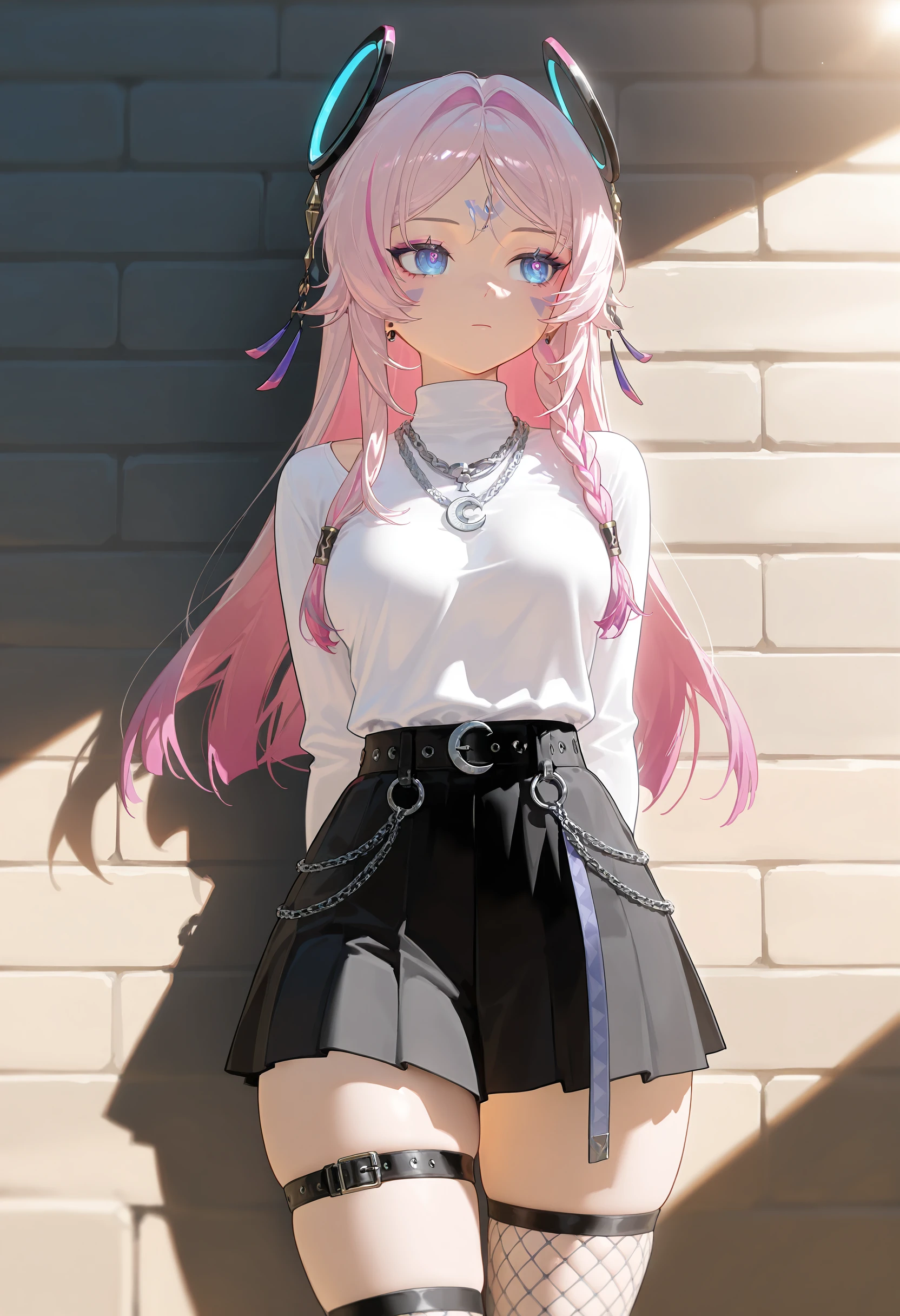masterpiece, best quality, amazing quality, very aesthetic, absurdres, newest, scenery,
EBCitlali, 1girl, solo, long hair, blue eyes, hair ornament, jewelry, medium breasts, thick thighs, pink hair, braid, multicolored hair, streaked hair, symbol-shaped pupils, headgear, facial mark, hair intakes, forehead mark, belt, chain necklace, crescent tattoo, ear piercing, emo fashion, eyeshadow, fishnet thighhighs, goth fashion, long sleeves, loose clothes, loose shirt, makeup, necklace, black skirt, standing, silver necklace, against brick wall, thigh belt, thigh strap, turtleneck, white undershirt, looking to the side, looking away, closed mouth, teeth, expressionless, front view, close-up, arms behind back, sunlight,
(colorful), masterpiece, best quality, amazing quality, very aesthetic, absurdres, newest, scenery, <lora:CitlaliIL-09:0.9>