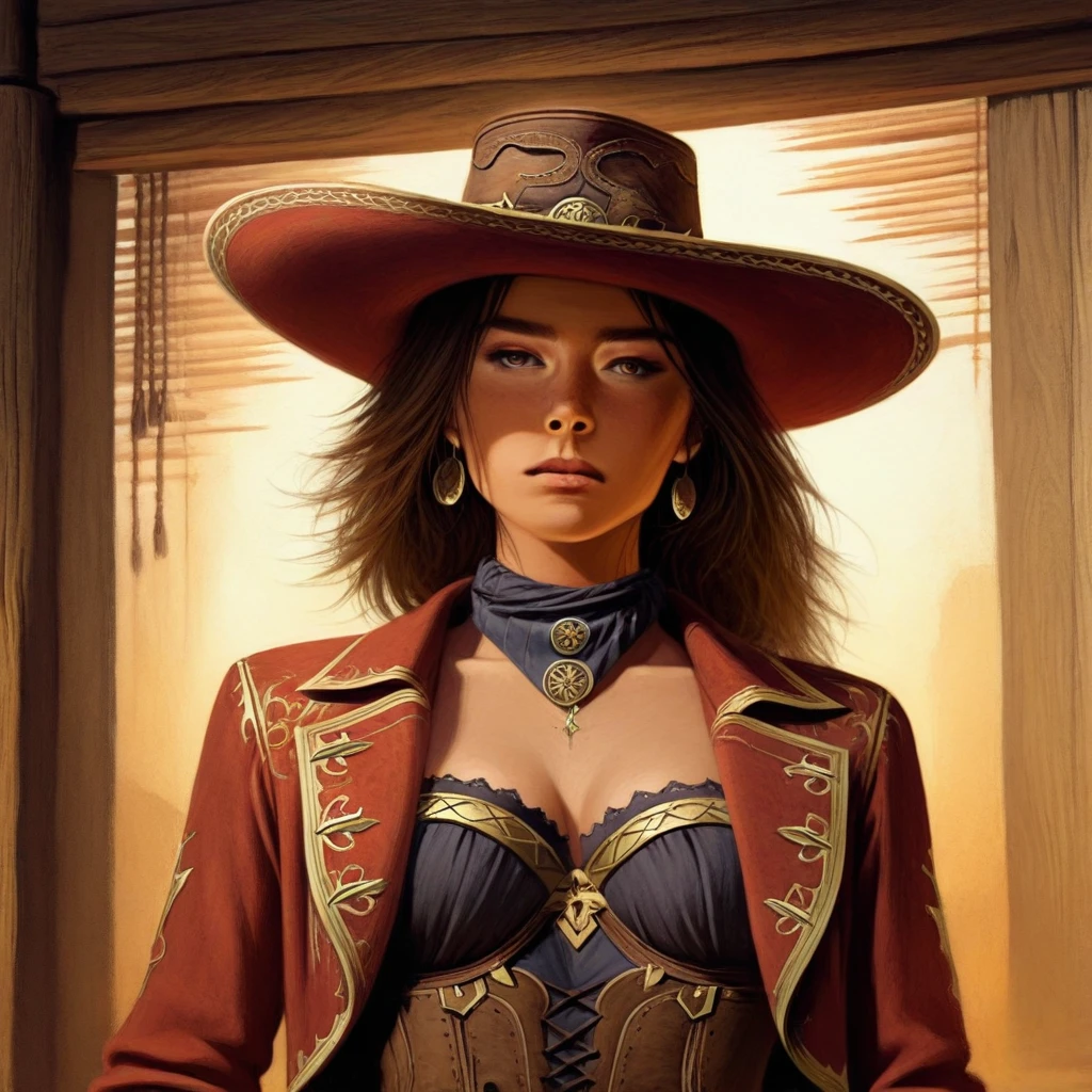 Dreamscape ovtlawz,dark fantasy, ultra realistic painting, (Julie Bell), Elegant female outlaw in a tailored velvet jacket, wide-brimmed hat tilted, and bandana around her neck, leaning against the bar of a smoky saloon, sunlight streaming through wooden shutters casting striped patterns on the walls, rich amber and sepia tones, close-up with intense expression, intricate textures, and atmospheric lighting. <lora:Wild_West_Wild_Frontier_Outlaws-Illustrious:1> . Surreal, ethereal, dreamy, mysterious, fantasy, highly detailed