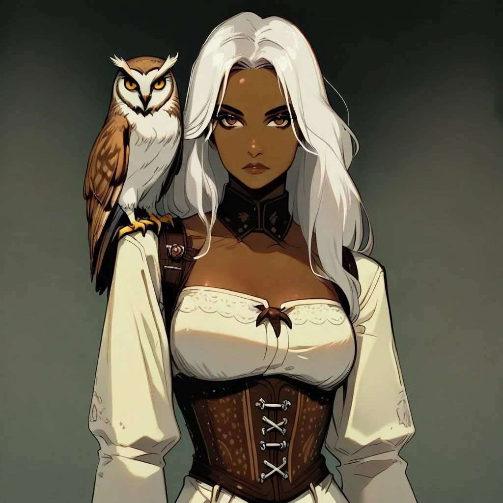 NeonhadesV2IllustriousXL, masterpiece, best quality, 2.5D 1girl, dark skin, dark-skinned female, white hair, long hair, Owl on shoulder, Owl, bird, bird on shoulder, animal on shoulder corset,