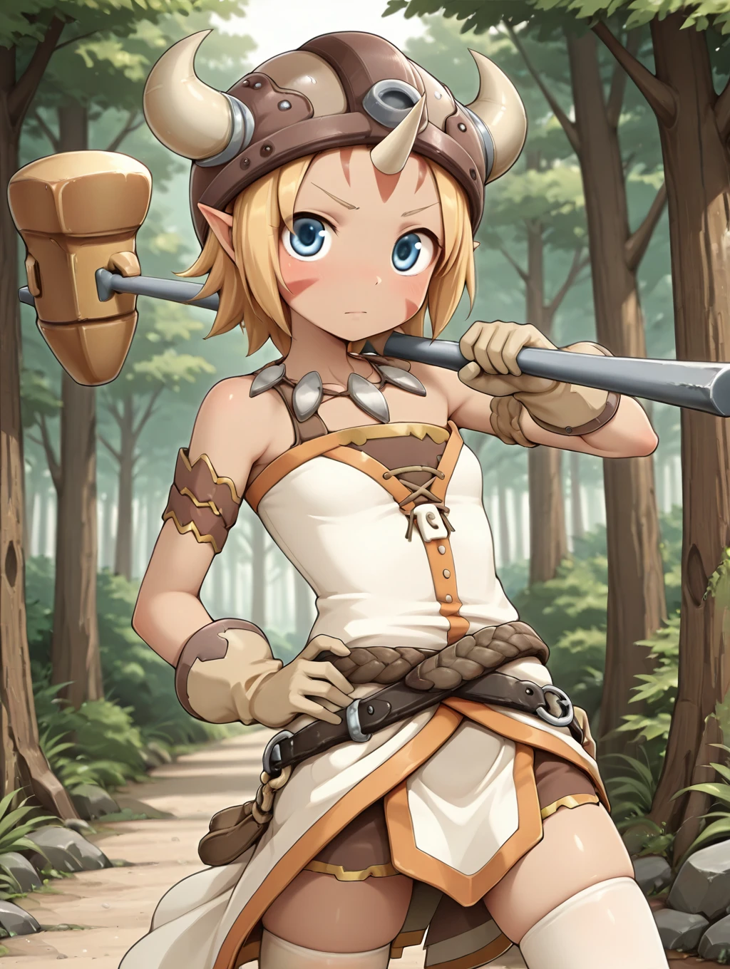 1girl, solo, Gob, blonde hair, short hair, blue eyes, facial marks, helmet, horns, single horn, white clothes, gloves, belt, necklace, white thighhighs, 

cowboy shot, looking at viewer, holding hammer, weapon, serious, outdoors, forest,

masterpiece, best quality,amazing quality, very aesthetic, absurdres, depth of field, blurry background, extremely detailed face, detailed eyes