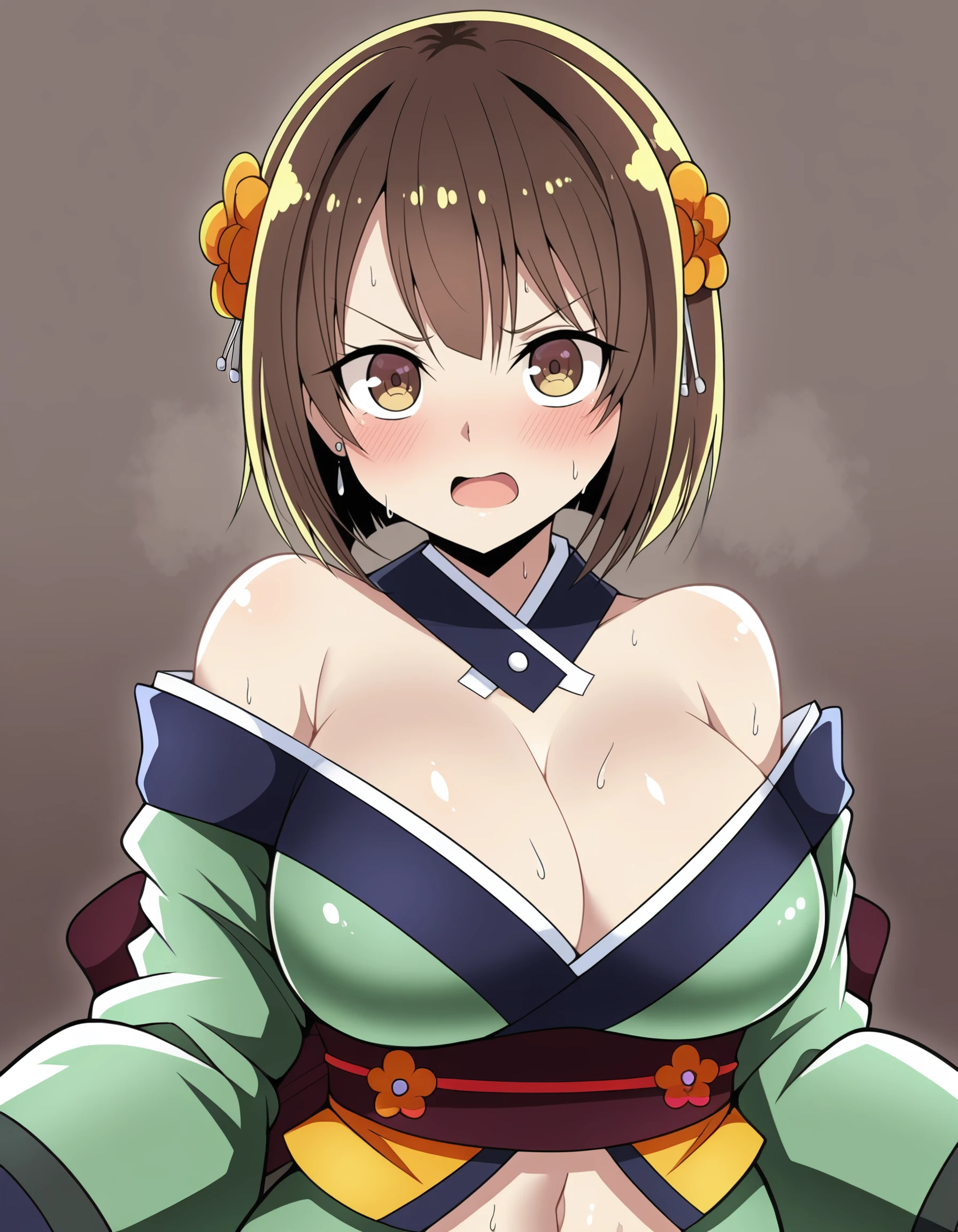 masterpiece, best quality, amazing quality,  <lora:seirei_gensouki_-_ruri_il:1> ruri, short_hair, brown_hair, hair_flower, bob_cut, brown_eyes, japanese_clothes, green_kimono, sash, obi, by_synchroman, blush, breasts, simple_background, duel_monster, looking_at_viewer, detached_collar, navel, 1girl, jewelry, cleavage, open_mouth, demon_girl, sweat, solo, earrings, large_breasts