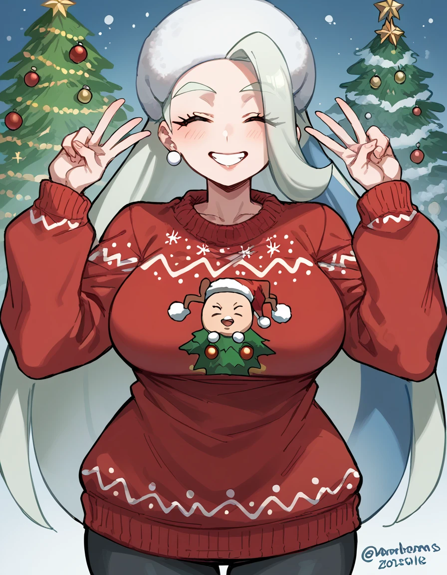 score_9, score_8_up, score_7_up, source_anime, <lora:pokemon-melony-ponyxl-lora-nochekaiser:1> pokemonmelony, eyelashes, long hair, multicolored hair, streaked hair, grey hair, large breasts, <lora:christmas-sweater-ponyxl-lora-nochekaiser:1>, christmas sweater, christmas, ugly sweater, print sweater, red sweater, christmas tree, christmas ornaments, sweater, multicolored sweater, , v, smile, hands up, teeth, closed eyes, cowboy shot,