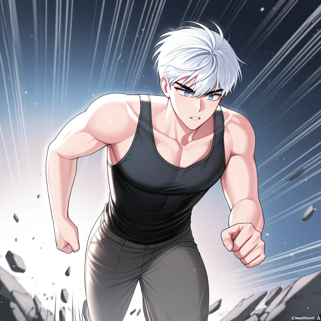 masterpiece, best quality, 1boy, solo, white hair, blue eyes, black tank top, pants, running, speed lines, debris, light particles, manhwa,