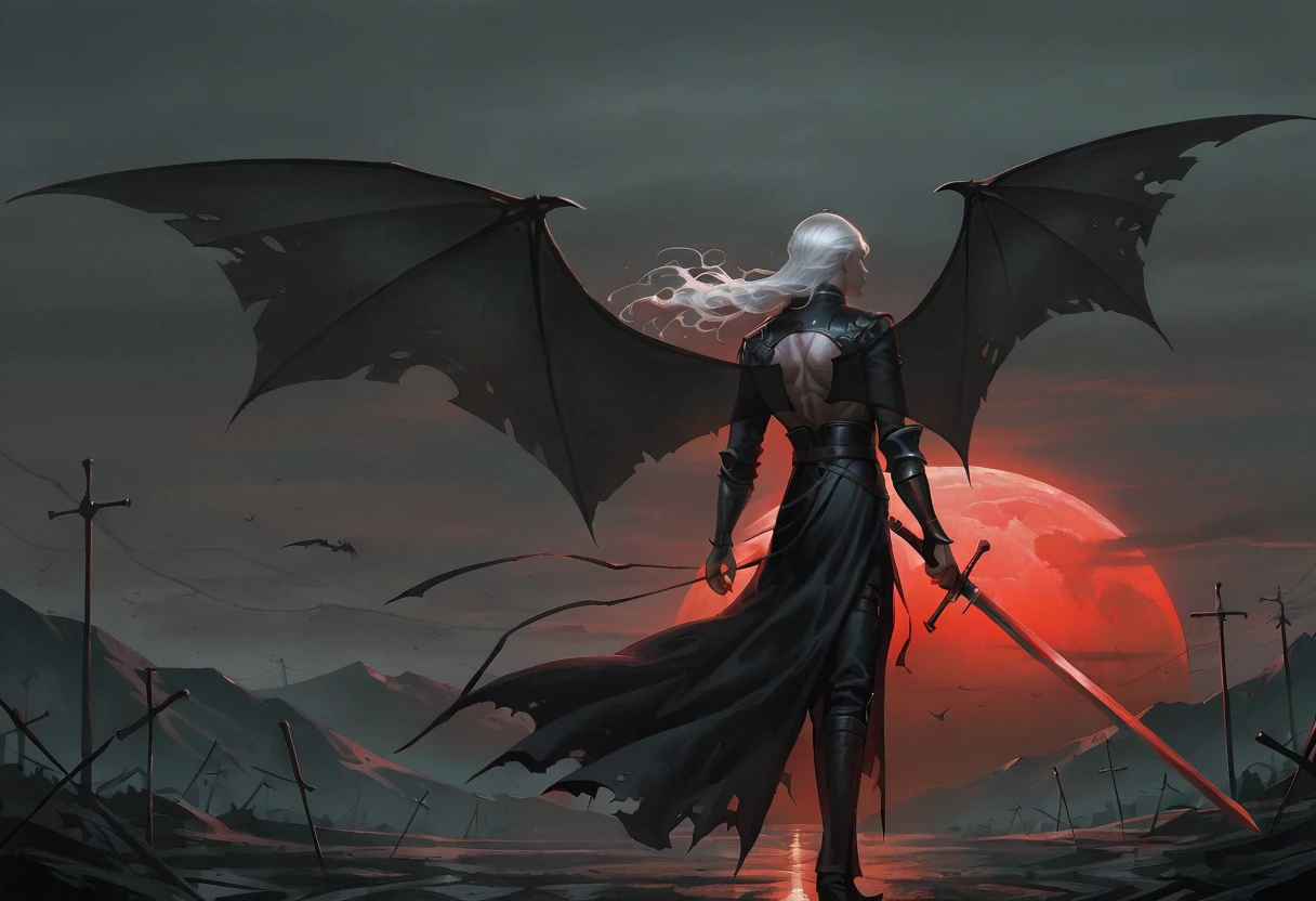 seb mckinnon, wings, holding, standing, demon wings, weapon, holding weapon, white hair, holding sword, sword, bat wings, 1boy, outdoors, black wings, male focus