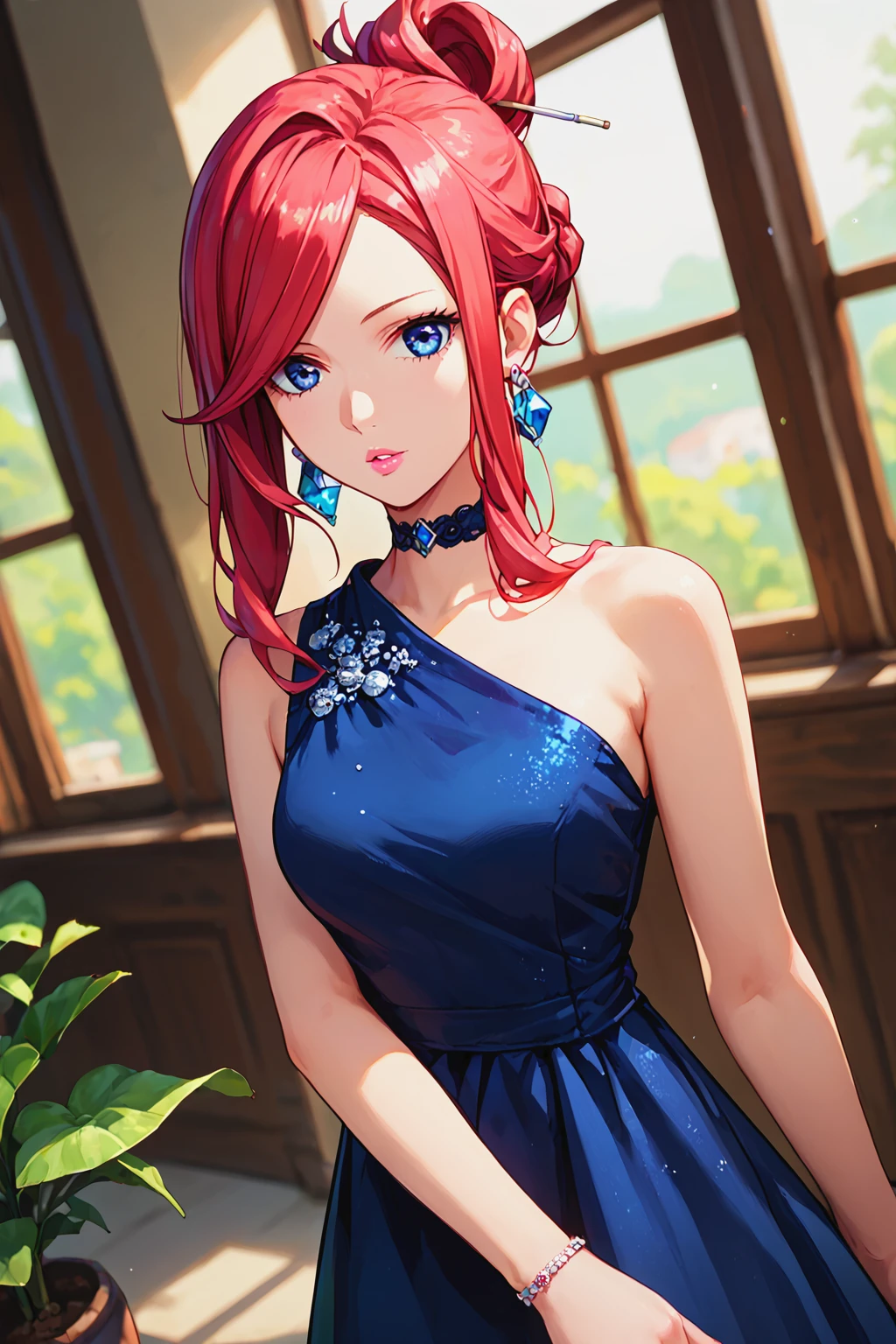 score_9, score_8_up, score_7_up, source anime,
dutch angle, lookingat viewer, parted lips, 
1girl, <lora:5-Toubun - Nakano Rena v1.2:0.8>, nakano rena, swept bangs, blue eyes, earrings,
formal dress, choker, jewelry, make up, pink lips, hair up, hair stick, hair bun,