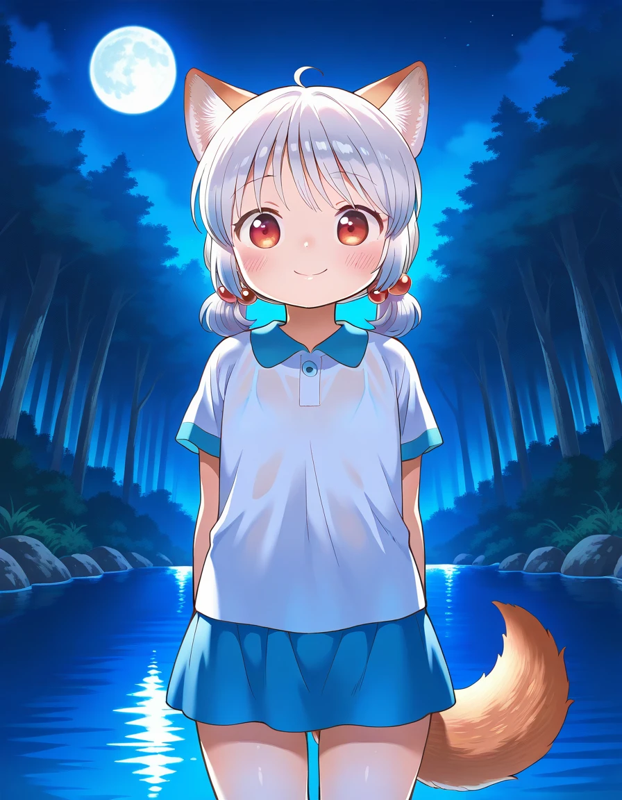 masterpiece, best quality, good quality, <lora:ookamisan_IS:1>  
ookamisan, animal ears, wolf ears, silver hair,  short twintails, red eyes, flat chest, wolf tail, hair bobbles, short stack,
smile,  closed mouth, 
short sleeve, blue skirt,
night, moon, water, forest,
cowboy_Shot,