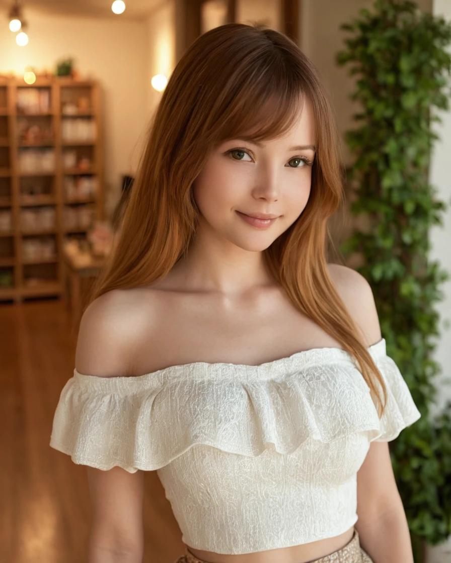 <lora:Alisa_Pik@XL:1> alisa_pik@xl, (Upper body photo:1.2). 1girl, cute model. Long thick Maxi Skirt, elegant knit tube top, swept back hair, alluring smile. Highly detailed beautiful expressive eyes. Working at a clothing store behind the register. Photorealistic, Natural atmospheric lighting, intricate details, 35mm photograph, film, professional, 4k visuals, highly detailed, elegant, studio quality.