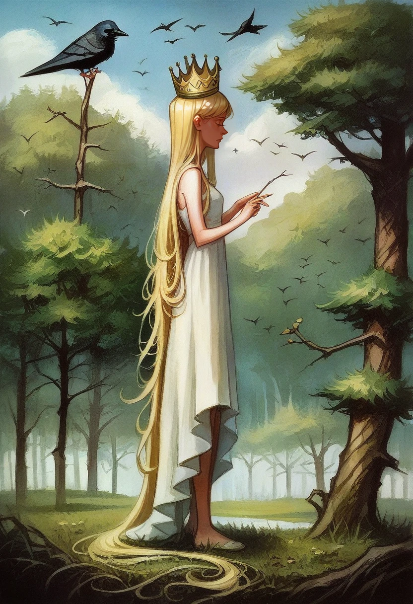 score_9, score_8_up, score_7_up, score_6_up, score_5_up,   <lora:SebMcKinnonPXL:1> painting \(medium\), seb mckinnon, traditional media, 1girl, long hair, bird, very long hair, dress, absurdly long hair, tree, white dress, solo, blonde hair, crown, crow, bare tree, from side, branch, standing