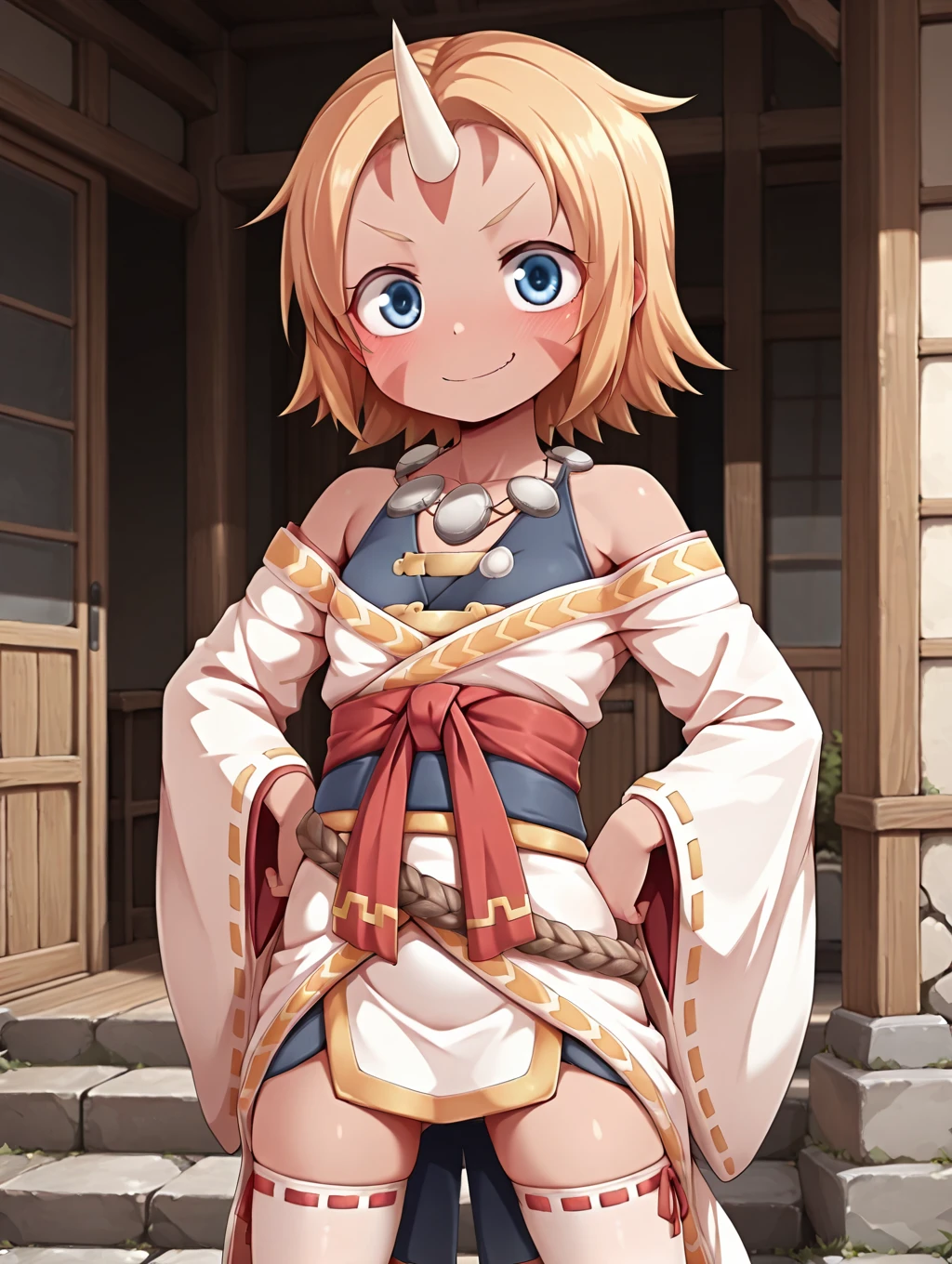 1girl, solo, Gobadult, blonde hair, short hair, blue eyes, facial marks, single horn, white japanese clothes, white thighhighs, wide sleeves,

 smirk, looking at viewer, cowboy shot, standing, hands on hips,

masterpiece, best quality,amazing quality, very aesthetic, absurdres, depth of field, blurry background, extremely detailed face, detailed eyes