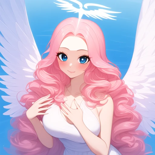 halo, angel girl, eyelashes, wavy hair, fingernails, blue eyes, eyeliner, pink hair