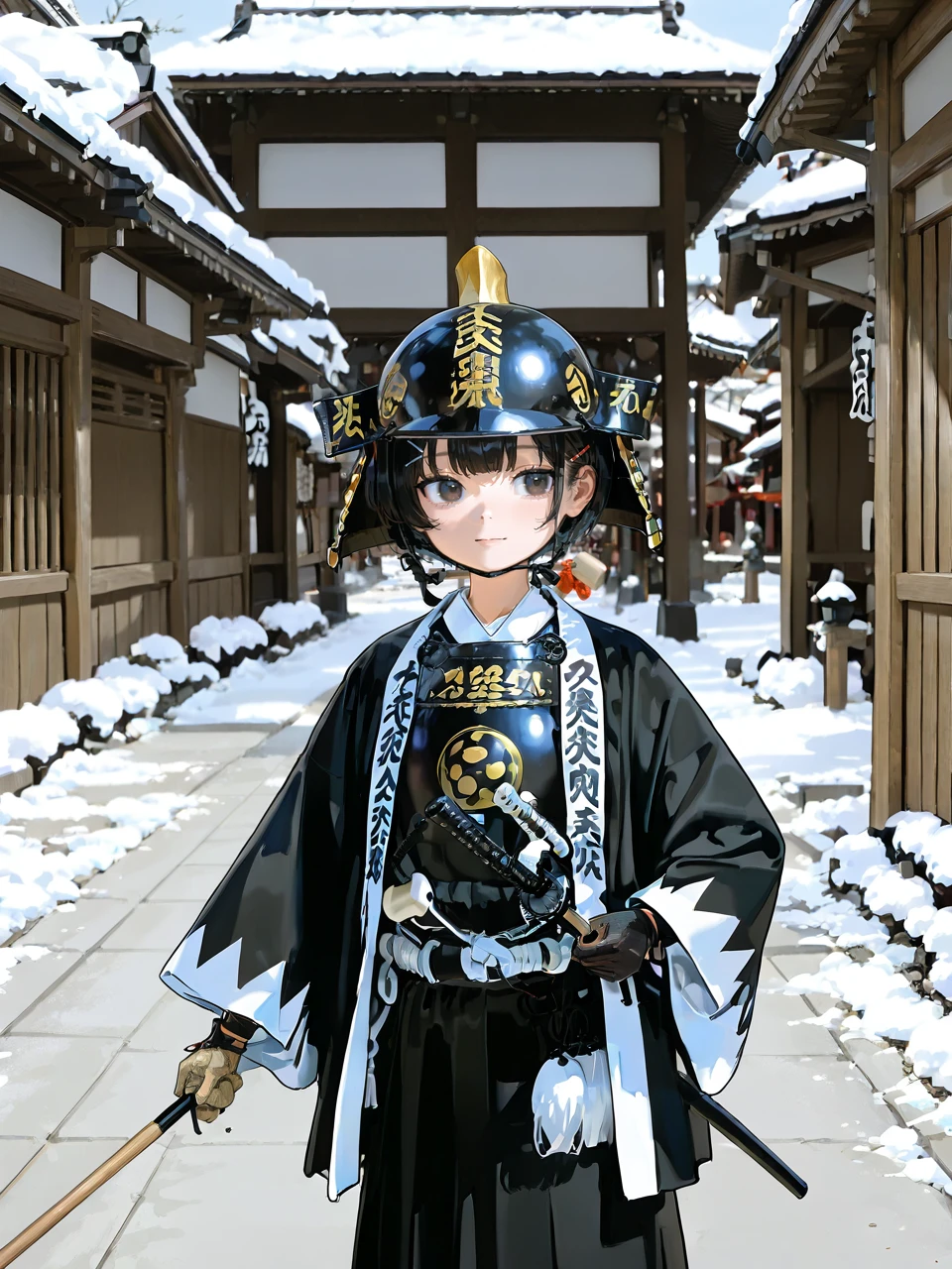 1girl, young girl, round face, down turned eyes, short hair, hair clip on front, 
black and white samurai costume, black and white kimono, black and white haori, black iron round helmet, holding direction stick, glove, 
outdoors, snow, old japanese town,
latest, masterpiece, best quality, very aesthetic, absurdres, high resolution, ultra detailed, detail,
general, kajishozoku, <lora:BushiKajiShozoku_Illustrious:1>