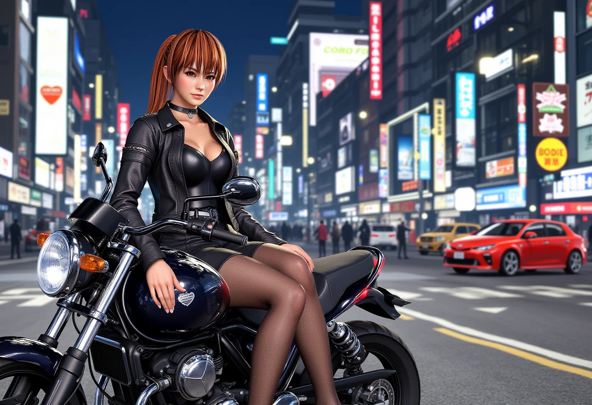 A detailed solo portrait.
CG,  sharp, high contrast and highly detailed., 
 <lora:doa6_kasumi_v1_1-000004:1> kasumi_doa6,, 
She is sitting on a black motorcycle. She wears leather jacket, a choker, short skirt and black stockings. She looks haughty. Tokyo city nightscape in the background.