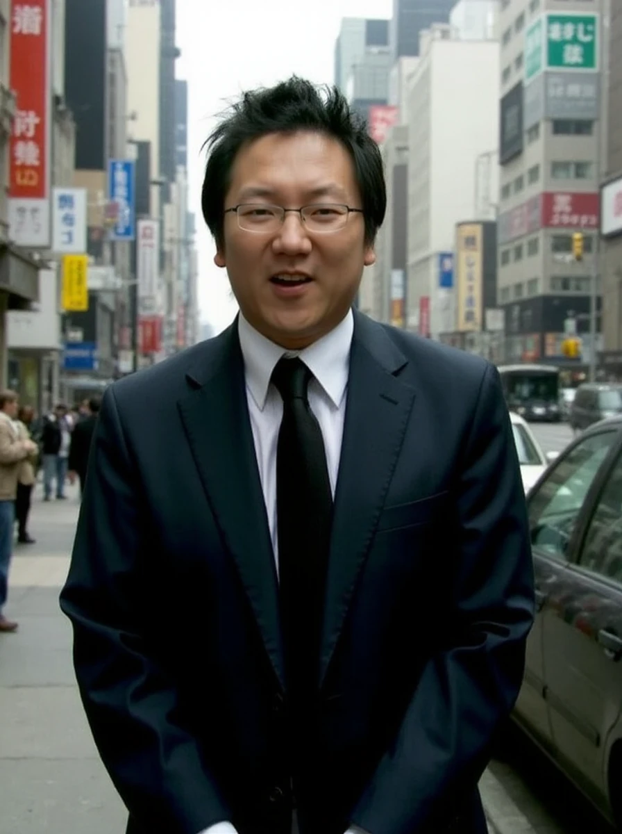 <lora:Hiro:0.9>full body  hiro nakamura, a man with glasses. He's wearing a suit in a japanase street, buidings