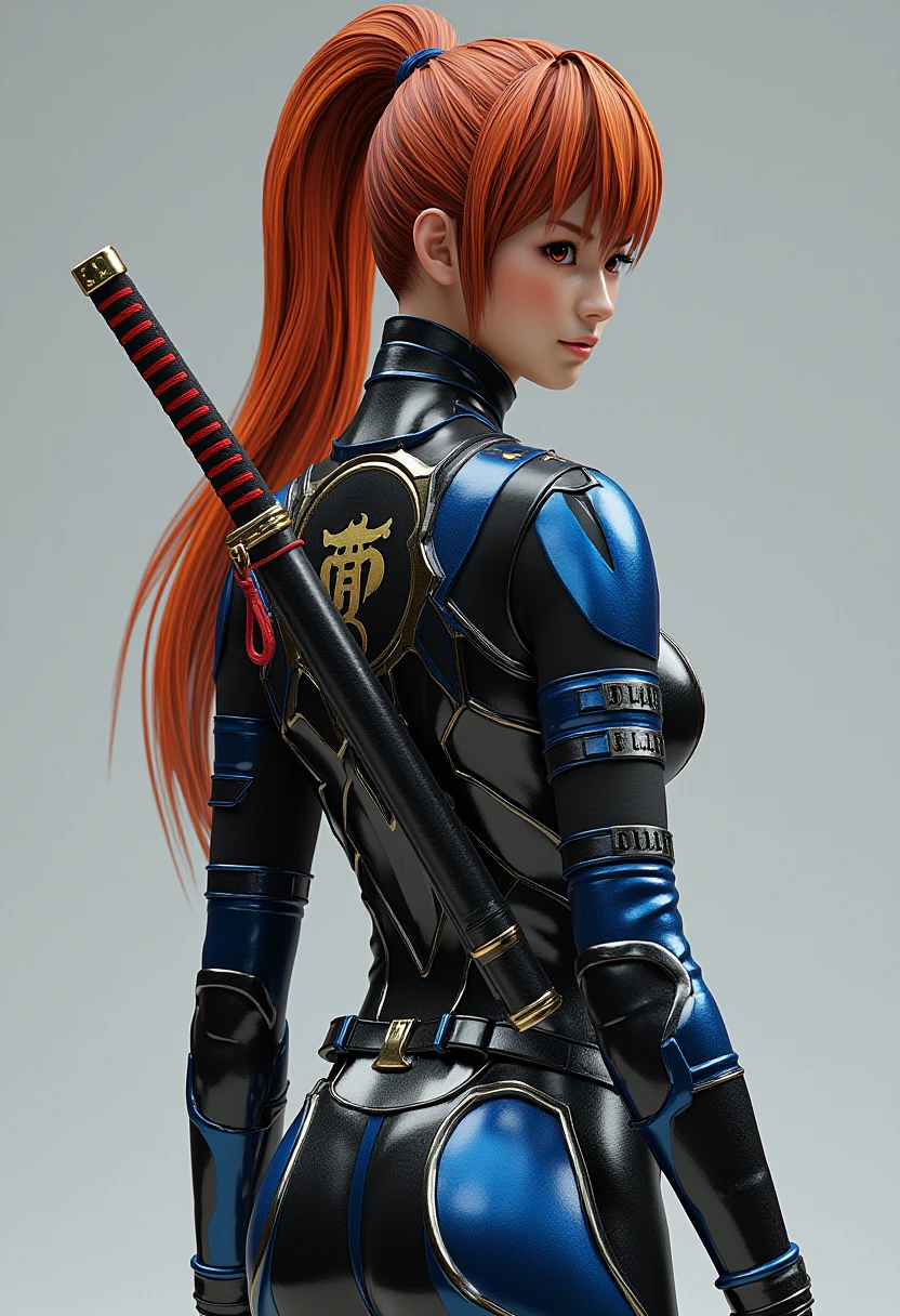 A detailed solo portrait.
CG,  sharp, high contrast and highly detailed., 
 <lora:doa6_kasumi_v1_1-000004:1> kasumi_doa6,, 
She wears a modern and sleek ninja-style bodysuit. Here are the details:
Material and Colors:
The bodysuit is primarily black with metallic blue accents that follow the contour of the body, giving it a futuristic appearance.
Some parts of the outfit, such as the shoulders and the back, feature a metallic sheen.
The bodysuit has a high gloss finish, emphasizing the high-tech or armor-like material.
Design Features:
It is a tight, form-fitting one-piece design that covers the entire body from neck to ankles.
The upper back has a large circular emblem featuring Japanese kanji in gold, possibly representing her clan or identity.
Straps and metallic buckles are integrated into the outfit, adding to the tactical aesthetic.
Accessories:
The character carries a katana in a black and red sheath attached to the lower back, secured with red cords, emphasizing her ninja background.
Arm wraps or bandages cover her forearms, hinting at traditional ninja attire but modernized.
Footwear:
The footwear is a hybrid of sandals and high-heeled shoes with protective shin guards integrated into the design.
The heels are low but distinct, maintaining functionality while adding a stylish touch.
Hair and Complementary Details:
The character has long red hair tied in a high ponytail with a blue ribbon, matching the accents of the bodysuit.
This outfit combines traditional ninja elements with modern, futuristic armor-like features, giving it a unique and iconic look.
She is turning around to look at the camera.